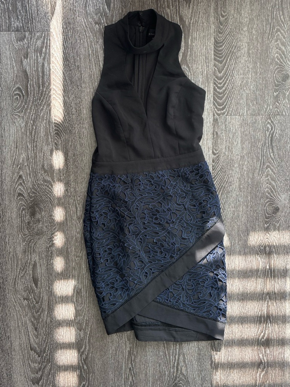 Adelyn Rae Black and Navy Lace Overlay Halter Dress